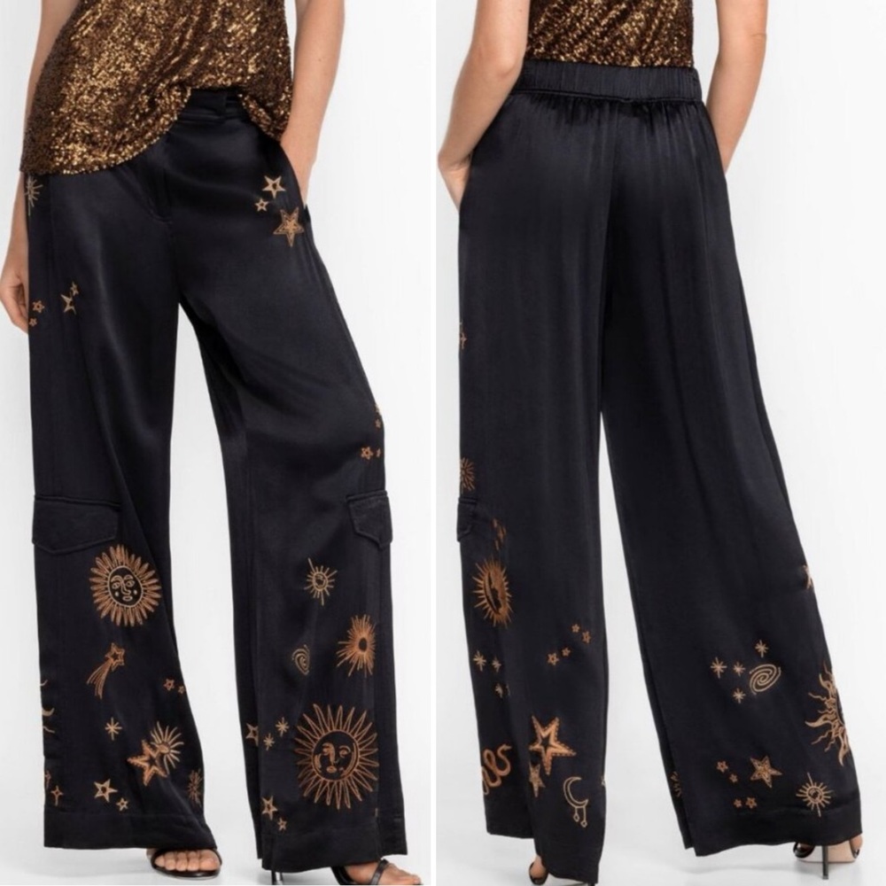 Johnny Was Black Wide-Leg Satin Pants with Gold Celestial Motifs